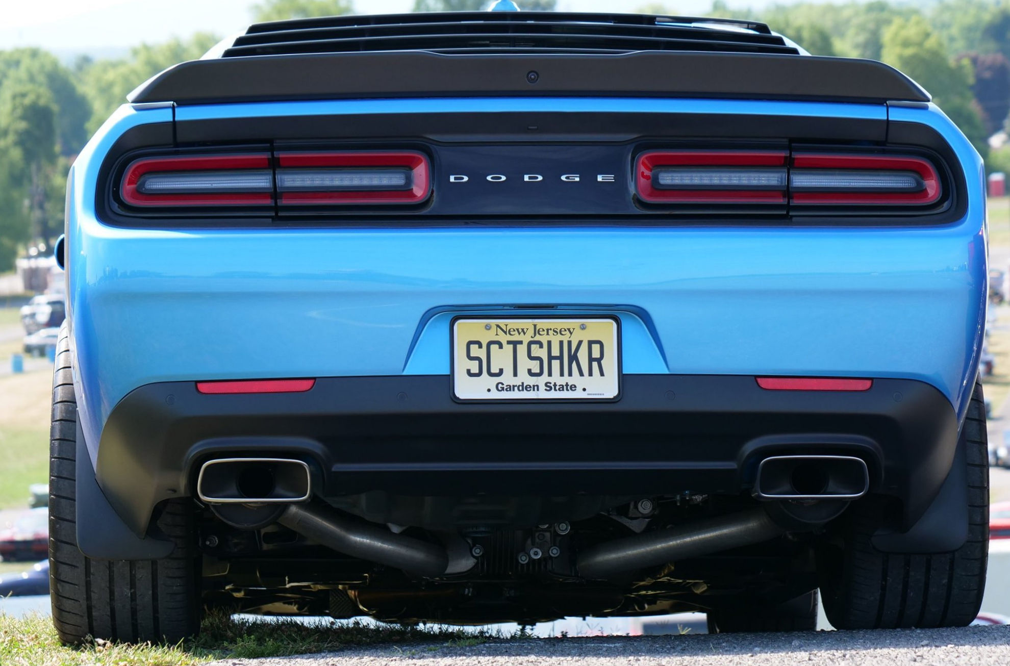 Rear view of the B5 Blue Dodge Challenger